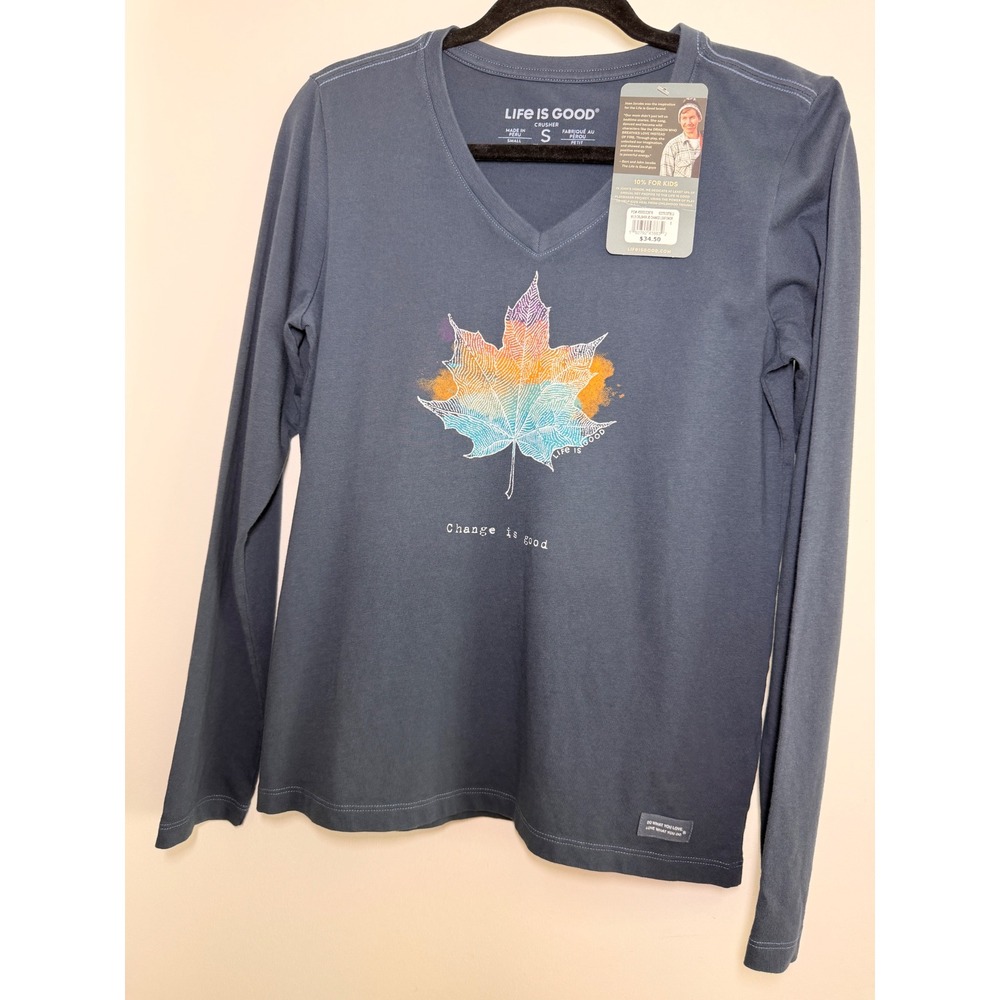 Life is Good Long Sleeve Tee Womens S Blue NWT Change is Good Maple Leaf Crusher - Picture 4 of 9